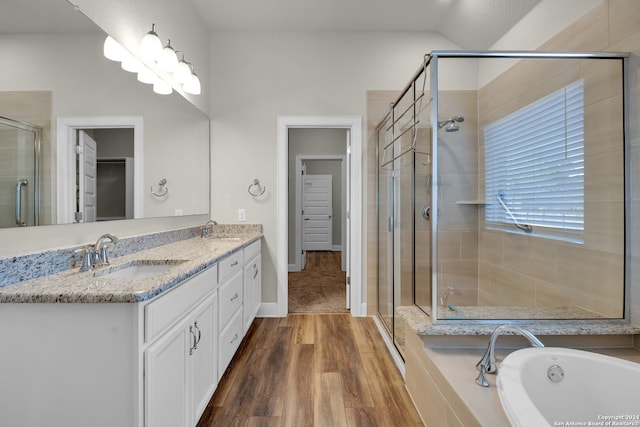 bathroom featuring plus walk in shower, vanity, and hardwood / wood-style flooring