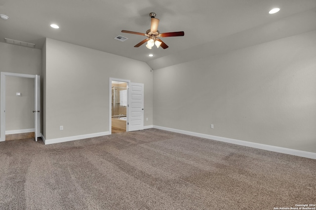 unfurnished bedroom with connected bathroom, ceiling fan, and carpet