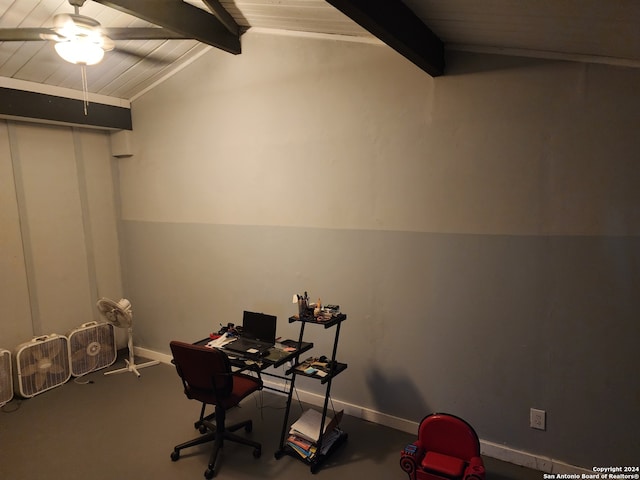 office featuring wood ceiling, lofted ceiling with beams, and ceiling fan