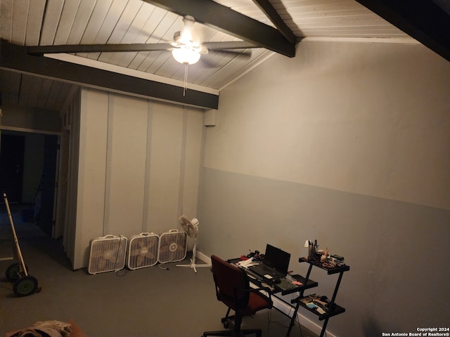 interior space with ceiling fan, wood ceiling, and lofted ceiling with beams