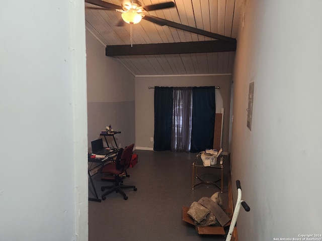 office area with lofted ceiling with beams, ceiling fan, and wooden ceiling