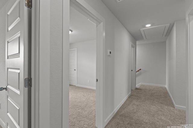 hall featuring light colored carpet