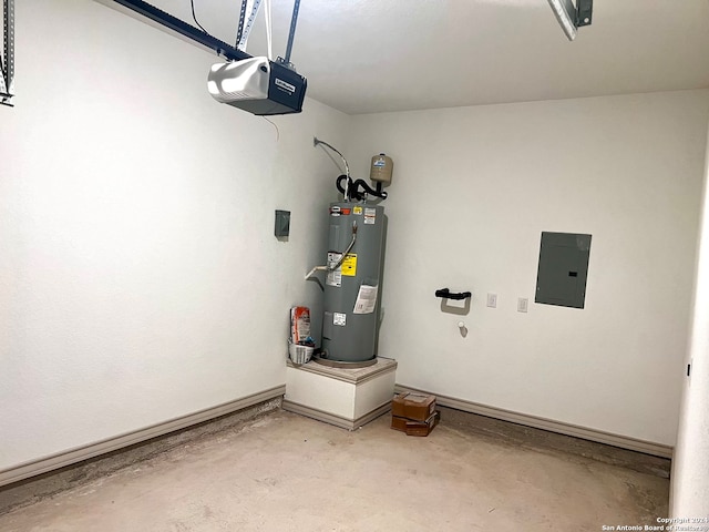 garage featuring a garage door opener, water heater, and electric panel