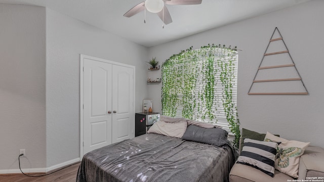 bedroom with a closet, hardwood / wood-style floors, and ceiling fan