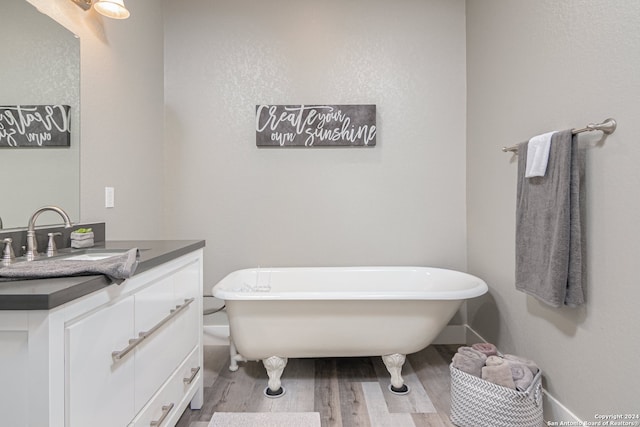 bathroom with a tub, vanity, and wood-type flooring