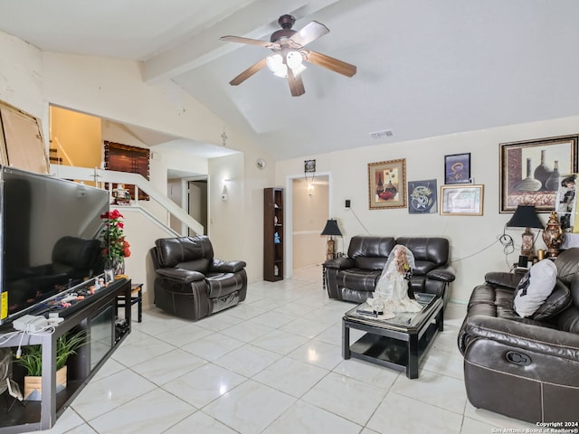 living room featuring vaulted ceiling with beams, light tile patterned floors, and ceiling fan