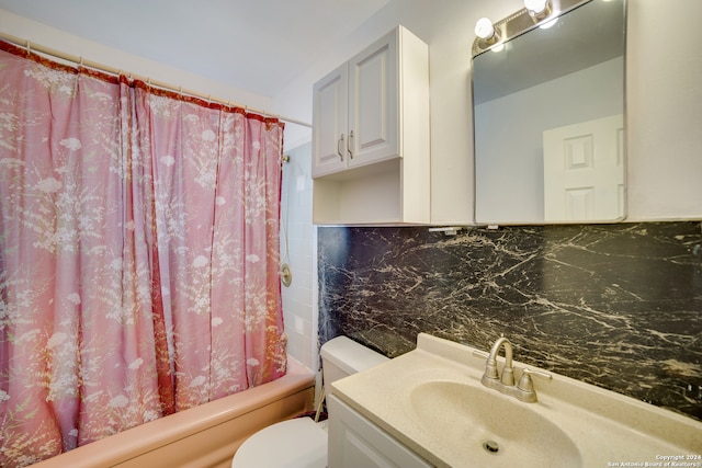 full bathroom featuring backsplash, shower / bathtub combination with curtain, vanity, and toilet