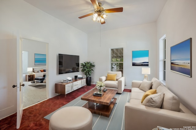 living room with ceiling fan