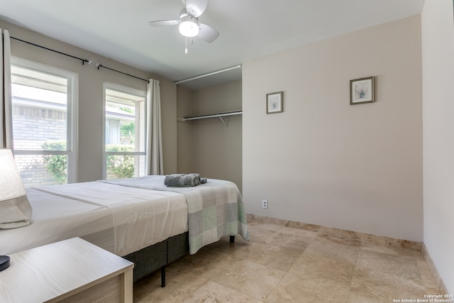 bedroom featuring ceiling fan and a closet