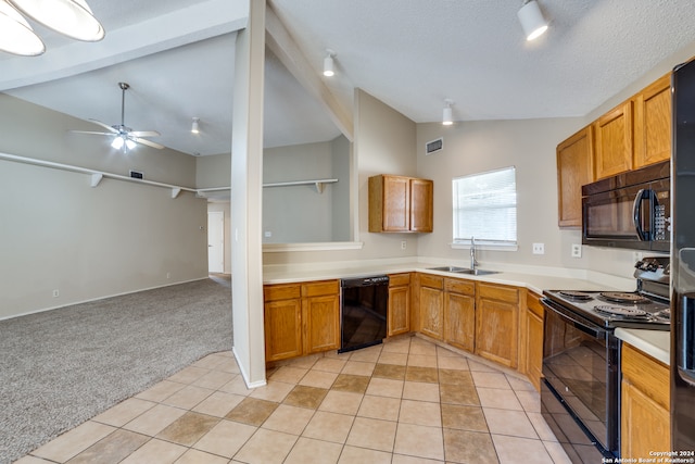 kitchen with ceiling fan, sink, black appliances, light colored carpet, and vaulted ceiling