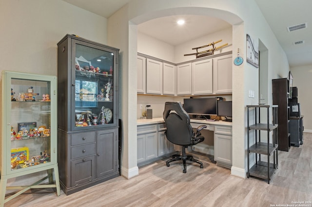 232 Wickersham, Boerne, TX 78015 - office with built in study area, arched walkways, light wood-style floors, and visible vents