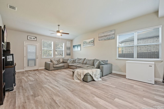 232 Wickersham, Boerne, TX 78015 - living room featuring baseboards, ceiling fan, visible vents, and light wood-style flooring