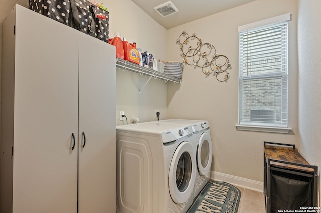 232 Wickersham, Boerne, TX 78015 - washroom with independent washer and dryer, visible vents, tile patterned flooring, cabinet space, and baseboards