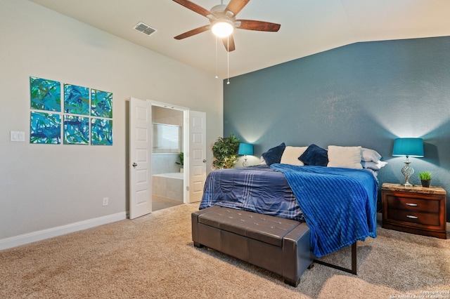 232 Wickersham, Boerne, TX 78015 - carpeted bedroom with a ceiling fan, visible vents, vaulted ceiling, baseboards, and ensuite bathroom