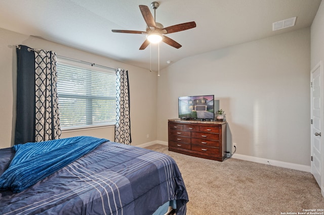 232 Wickersham, Boerne, TX 78015 - bedroom with baseboards, light carpet, a ceiling fan, and visible vents