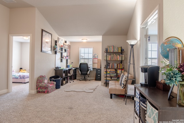 office space with lofted ceiling and carpet floors