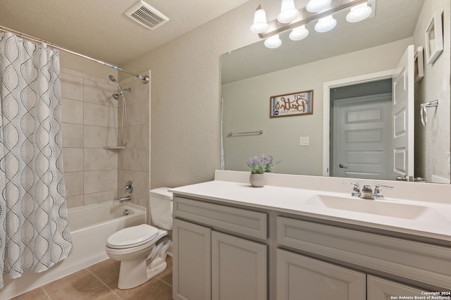 232 Wickersham, Boerne, TX 78015 - full bathroom with tile patterned flooring, shower / tub combo with curtain, vanity, toilet, and visible vents