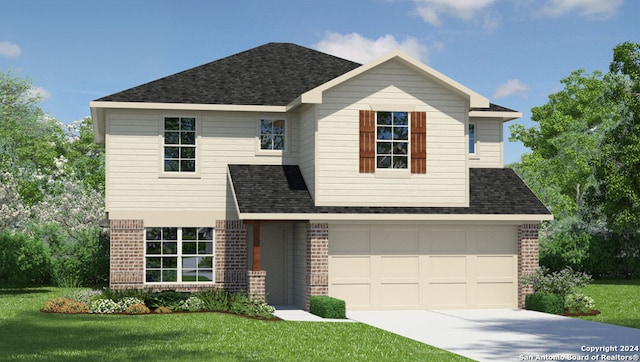 view of front of home featuring driveway, a shingled roof, an attached garage, a front yard, and brick siding