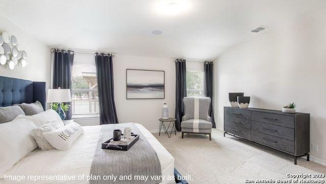 bedroom featuring carpet floors, multiple windows, visible vents, and baseboards