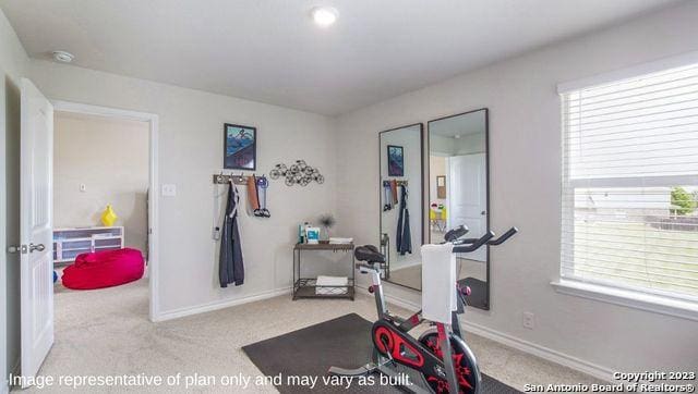 workout room featuring baseboards and carpet floors
