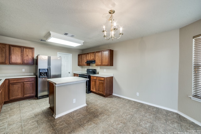 kitchen featuring hanging light fixtures, a kitchen island, stainless steel fridge with ice dispenser, black / electric stove, and a notable chandelier