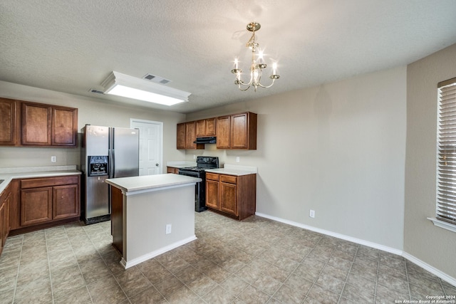 2815 Bandbury Oak, San Antonio, TX 78247 - kitchen with an inviting chandelier, visible vents, stainless steel refrigerator with ice dispenser, light countertops, and black / electric stove