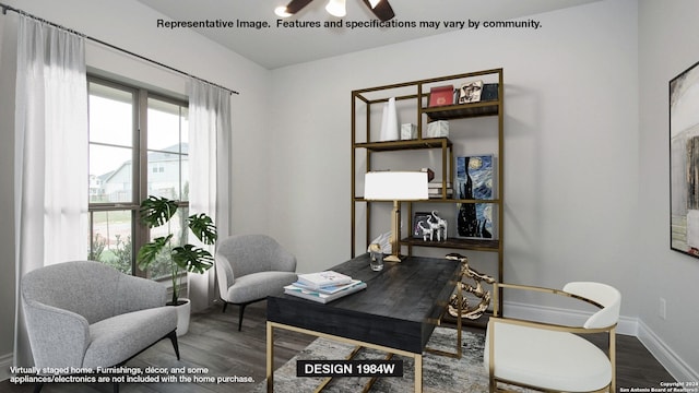 office area featuring ceiling fan and dark hardwood / wood-style flooring