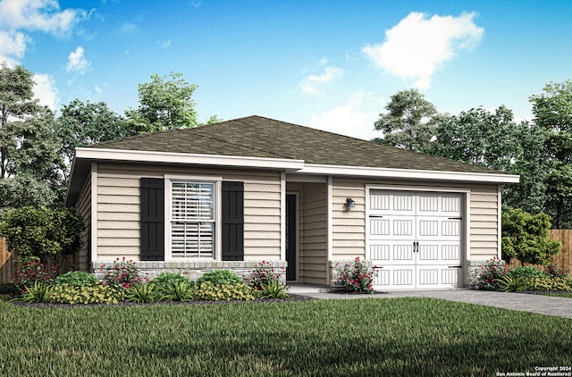 ranch-style house featuring a garage and a front yard