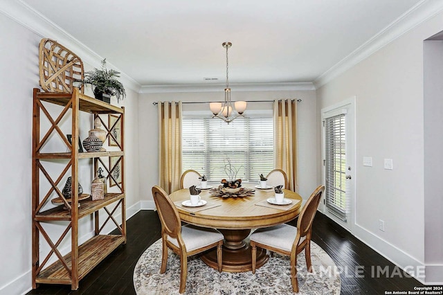 dining room with dark hardwood / wood-style floors, ornamental molding, and a healthy amount of sunlight