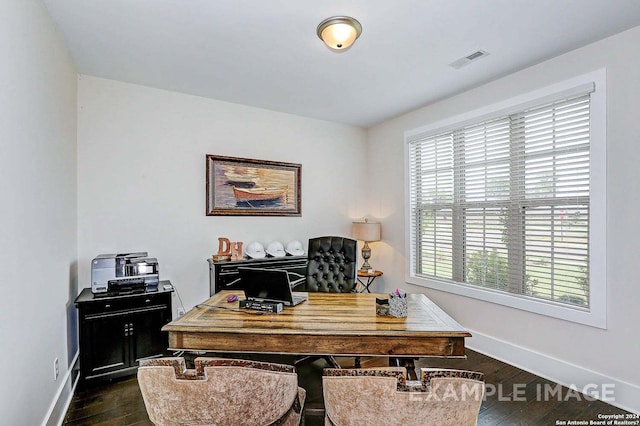 home office featuring dark hardwood / wood-style flooring