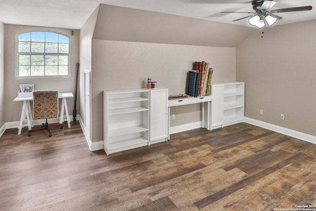 interior space with lofted ceiling, dark hardwood / wood-style floors, and ceiling fan