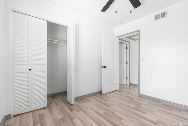 214 Oriole, San Antonio, TX 78228 - unfurnished bedroom with visible vents, a closet, baseboards, ceiling fan, and light wood finished floors