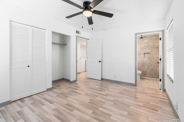 unfurnished bedroom featuring light hardwood / wood-style floors, connected bathroom, and ceiling fan