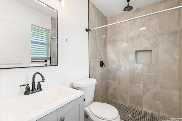 bathroom with a tile shower, vanity, and toilet