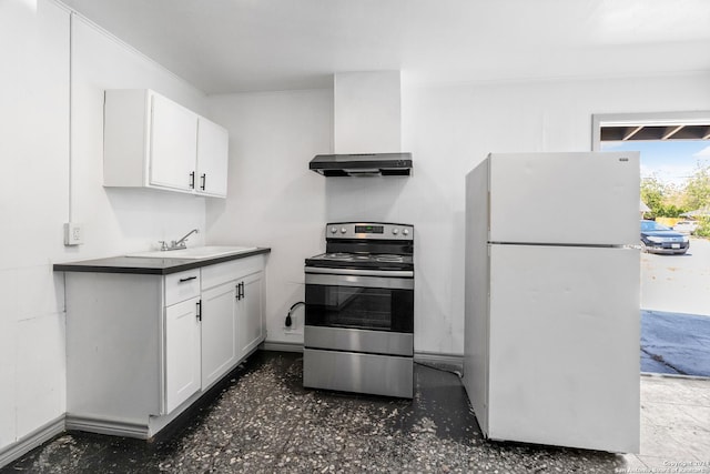 214 Oriole, San Antonio, TX 78228 - kitchen featuring freestanding refrigerator, electric range, wall chimney exhaust hood, white cabinets, and a sink