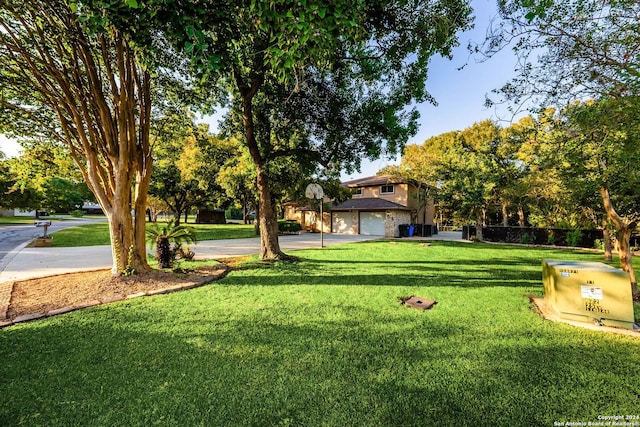 view of yard with a garage