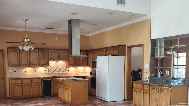 kitchen with a kitchen island, white fridge with ice dispenser, black oven, island range hood, and crown molding