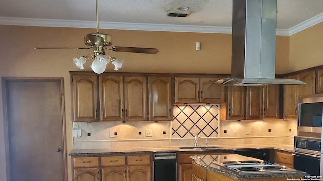 kitchen with tasteful backsplash, appliances with stainless steel finishes, sink, and island range hood