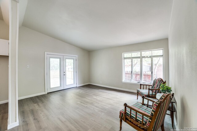 119 Rolling Grn, San Antonio, TX 78228 - living area with french doors, baseboards, wood finished floors, and vaulted ceiling