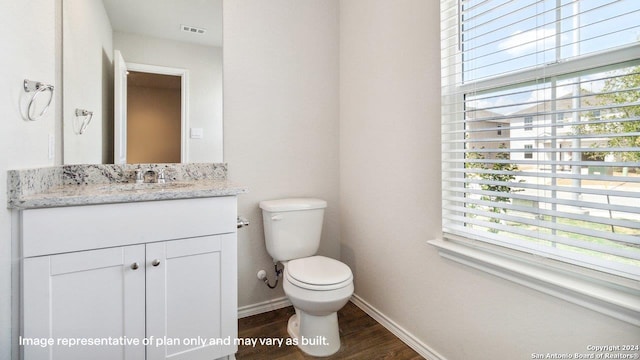 bathroom with wood-type flooring, vanity, toilet, and a wealth of natural light