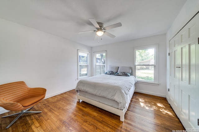 bedroom featuring ceiling fan, a closet, and dark hardwood / wood-style flooring