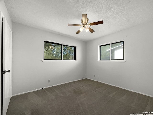 carpeted spare room featuring ceiling fan, a wealth of natural light, and a textured ceiling