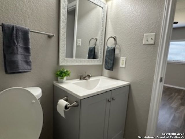 bathroom featuring hardwood / wood-style floors, toilet, and vanity