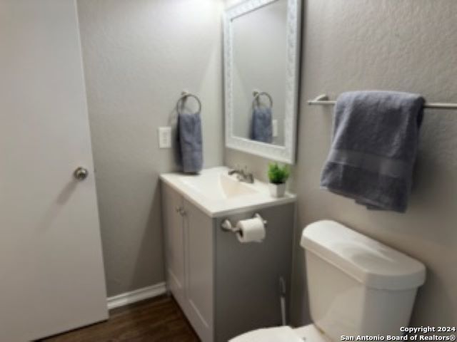 bathroom with hardwood / wood-style flooring, vanity, and toilet