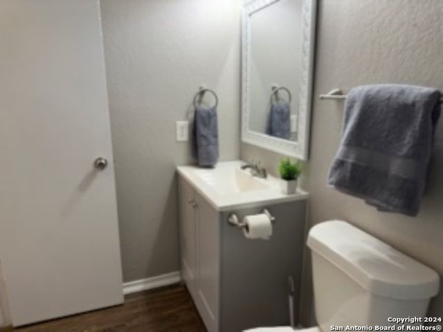 bathroom with hardwood / wood-style flooring, vanity, and toilet