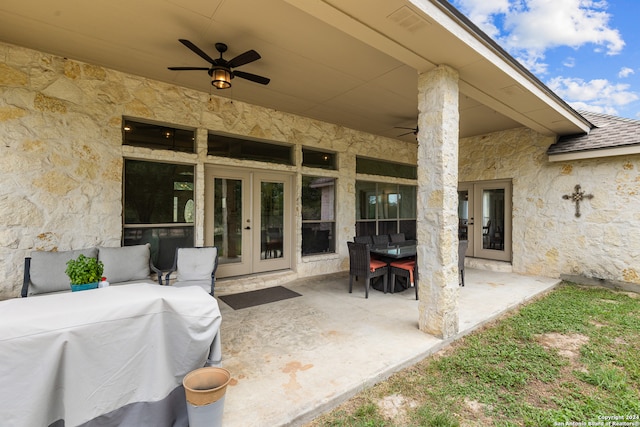 view of patio / terrace with ceiling fan and french doors