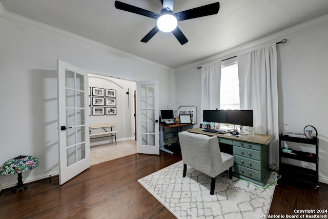 office area featuring french doors, dark hardwood / wood-style floors, ceiling fan, and crown molding