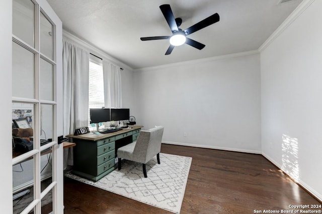 4815 Isaac Ryan, San Antonio, TX 78253 - office area with crown molding, baseboards, a ceiling fan, and dark wood-style flooring