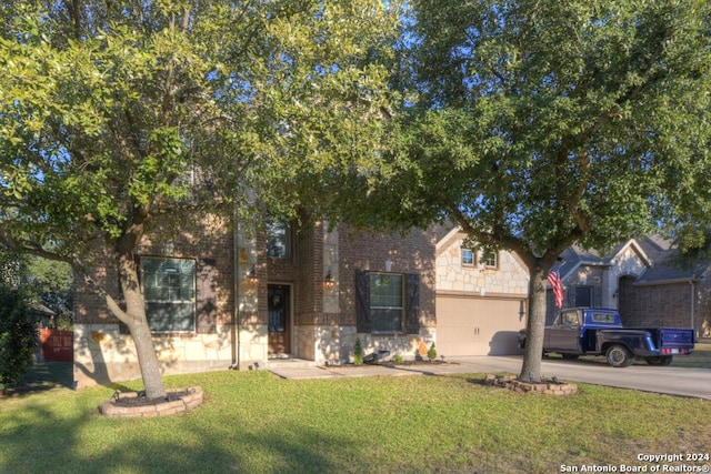 4815 Isaac Ryan, San Antonio, TX 78253 - obstructed view of property featuring a garage, a front lawn, driveway, and stone siding