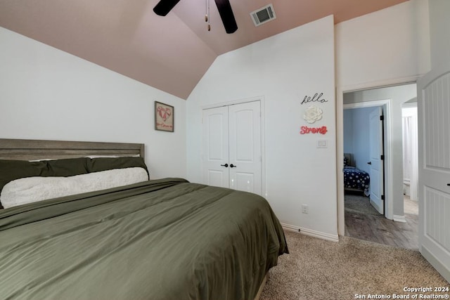 4815 Isaac Ryan, San Antonio, TX 78253 - carpeted bedroom with ceiling fan, visible vents, baseboards, vaulted ceiling, and a closet